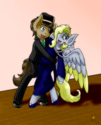 Size: 768x949 | Tagged: safe, artist:midnightfire1222, imported from derpibooru, derpy hooves, doctor whooves, time turner, earth pony, pegasus, pony, 1920s, 1920s outfit, 20s, bipedal, dancing, dipping, duo, simple background, wings