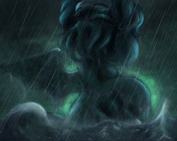 Size: 2500x2000 | Tagged: safe, artist:t72b, imported from derpibooru, lyra heartstrings, monster pony, pony, bat wings, body horror, cthulhu, cthulhu mythos, cthulyra, eldritch abomination, eyes closed, l.u.l.s., ocean, ponified, rain, species swap, storm, tentacles, wings