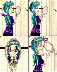 Size: 1220x1541 | Tagged: safe, artist:meiyeezhu, imported from derpibooru, juniper montage, human, equestria girls, mirror magic, spoiler:eqg specials, anime, cat ears, clothes, coat, comb, comic, disembodied hand, dressing room, glasses, halloween, hand, headband, holding, holiday, humanized, mirror, music notes, necktie, old master q, pigtails, question mark, reference, scared, scary, singing, solo, twintails