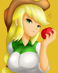 Size: 1080x1350 | Tagged: safe, artist:elbenjaftw, imported from derpibooru, applejack, human, equestria girls, apple, breasts, busty applejack, food, humanized, looking at you, solo