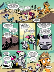 Size: 768x1024 | Tagged: safe, artist:andypriceart, idw, imported from derpibooru, applejack, cactus rose, crystal (character), dust devil (comic), marini, medley brook, rockhoof, tempest shadow, zecora, abada, earth pony, kelpie, pony, unicorn, zebra, spoiler:comic, spoiler:comic91, broken horn, crystal (g4), desert, dust devil (idw), female, horn, male, nonbinary, preview, season 10