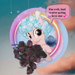 Size: 724x724 | Tagged: safe, imported from derpibooru, cozy glow, pony, flower, rose, solo, speech bubble