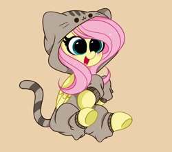 Size: 4096x3634 | Tagged: safe, artist:kittyrosie, imported from derpibooru, fluttershy, pegasus, pony, beige background, blushing, clothes, costume, cute, digital art, female, folded wings, hooves to the chest, kigurumi, mare, onesie, open mouth, pusheen, shyabetes, simple background, sitting, smiling, solo, three quarter view, wings