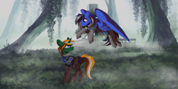 Size: 3000x1497 | Tagged: safe, artist:hagalazka, imported from derpibooru, oc, oc only, oc:driftor, pegasus, pony, unicorn, armor, armored pony, building, chestplate, commission, field, flying, fog, foliage, glasses, horn, hossin, looking at each other, looking down, looking up, new conglomerate, outdoors, pegasus oc, planetside, planetside 2, smiling, swamp, tree, unicorn oc, video game, vine, wings