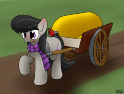 Size: 2450x1858 | Tagged: safe, artist:the-furry-railfan, imported from derpibooru, octavia melody, earth pony, pony, fanfic:a prim party planner's puffy predicament, blushing, cart, clothes, dirt road, fanfic art, female, helium tank, pulling, scarf, solo, story included, striped scarf, this will end in balloons