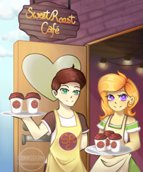 Size: 1681x2025 | Tagged: safe, artist:helithusvy, artist:thanhvy15599, imported from derpibooru, oc, oc:fine roast, oc:sweet leaf, human, fanfic:unchanging love, apron, clothes, coffee, coffee cup, coffee shop, commission, cup, fanart, fanfic art, female, high res, humanized, humanized oc, male, sign