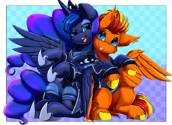 Size: 3509x2550 | Tagged: safe, artist:pridark, imported from derpibooru, princess luna, oc, oc:fireheart, oc:fireheart(fire), pegasus, commission, crown, hoof shoes, jewelry, open mouth, pegasus oc, regalia, wings