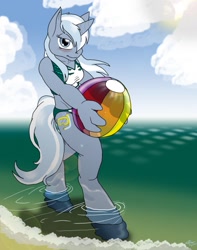 Size: 1010x1280 | Tagged: safe, artist:catmonkshiro, imported from derpibooru, oc, oc only, oc:kokus, anthro, unguligrade anthro, unicorn, beach, beach ball, bedroom eyes, blushing, clothes, commission, cutie mark, digital art, female, holding, horn, looking at you, ocean, sand, seaside, sky, solo, solo female, swimsuit, tail, walking