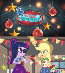 Size: 950x1069 | Tagged: safe, imported from derpibooru, screencap, applejack, sci-twi, twilight sparkle, equestria girls, equestria girls series, holidays unwrapped, spoiler:eqg series (season 2), applejack's hat, bowtie, christmas, christmas lights, christmas tree, clothes, coffee, cowboy hat, denim skirt, female, geode of super strength, geode of telekinesis, glasses, hat, holiday, magical geodes, my little pony logo, ponytail, skirt, solo, solo female, stars, the cider louse fools, tree