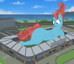 Size: 1280x1102 | Tagged: safe, artist:oceanrailroader, imported from derpibooru, meadowbrook, earth pony, pony, female, giant earth pony, giant pony, giantess, macro, stadium