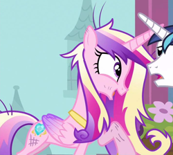 Size: 1258x1125 | Tagged: safe, imported from derpibooru, screencap, princess cadance, shining armor, alicorn, pony, a canterlot wedding, season 2, cropped, cute, cutedance, dirty, female, folded wings, mare, messy mane, open mouth, raised hoof, scratches, solo focus, wings
