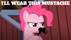 Size: 1920x1080 | Tagged: safe, edit, edited screencap, imported from derpibooru, screencap, pinkie pie, pony, spike at your service, fake moustache, quote, solo