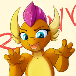 Size: 1000x1000 | Tagged: safe, artist:wolfypon, imported from derpibooru, smolder, dragon, claws, cute, dragoness, fangs, female, looking at you, open mouth, rawr, smolderbetes, solo