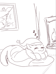 Size: 901x1199 | Tagged: safe, artist:general-irrelevant, imported from derpibooru, oc, oc:non toxic, monster pony, original species, tatzlpony, black and white, christmas, cozy, fire, grayscale, hat, holiday, monochrome, santa hat, sketch, sleeping, sleeping bag