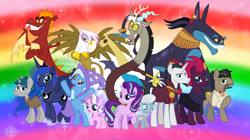 Size: 1280x719 | Tagged: safe, artist:andoanimalia, imported from derpibooru, ahuizotl, chancellor neighsay, diamond tiara, discord, doctor caballeron, fizzlepop berrytwist, garble, gilda, princess luna, silver spoon, starlight glimmer, stygian, tempest shadow, trixie, draconequus, dragon, earth pony, antagonist, reformed