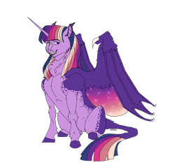 Size: 1280x1226 | Tagged: safe, artist:anelaponela, imported from derpibooru, twilight sparkle, alicorn, bat pony, bat pony alicorn, pony, bat wings, colored wings, ear fluff, fangs, horn, hybrid wings, leonine tail, multicolored wings, redesign, simple background, slit eyes, slit pupils, smiling, starry wings, teeth, transparent background, travelersverse, twilight sparkle (alicorn), wings