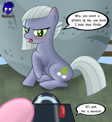 Size: 3840x4154 | Tagged: safe, artist:damlanil, imported from derpibooru, limestone pie, pinkie pie, earth pony, pony, blushing, boulder, camera, comic, duo, ear blush, female, holder's boulder, limetsun pie, looking at you, mare, rock farm, show accurate, sitting, text, tsundere, vector