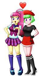 Size: 1017x1680 | Tagged: safe, artist:the-butch-x, edit, imported from derpibooru, sour sweet, watermelody, equestria girls, background human, beret, bowtie, clothes, crystal prep academy uniform, duo, female, freckles, hat, heart, lesbian, pleated skirt, ponytail, school uniform, shipping, simple background, skirt, sourmelody, transparent background