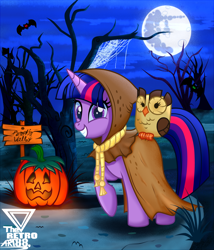 Size: 2990x3488 | Tagged: safe, artist:theretroart88, imported from derpibooru, owlowiscious, twilight sparkle, bat, bird, owl, unicorn, halloween, holiday, jack-o-lantern, looking at you, mare in the moon, moon, pumpkin, smiling, smiling at you, spider web, unicorn twilight