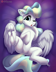 Size: 2698x3500 | Tagged: safe, artist:airfly-pony, imported from derpibooru, vapor trail, pegasus, pony, adorasexy, bed, belly, cute, featureless crotch, female, fluffy, frog (hoof), hooves, legs, looking at you, mare, night, one eye closed, open mouth, patreon, patreon exclusive, patreon logo, sexy, shy, spread legs, spreading, underhoof, vaporbetes, wings