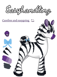 Size: 806x1093 | Tagged: safe, artist:69beas, imported from derpibooru, oc, oc only, oc:easyhandling, pony, zebra, digital art, female, freckles, hoof fluff, mare, open mouth, reference sheet, ribbon, simple background, solo, transparent background, zebra oc