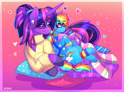 Size: 1821x1344 | Tagged: safe, artist:aaa-its-spook, imported from derpibooru, rainbow dash, twilight sparkle, alicorn, pegasus, pony, accessories, accessory, alternate hairstyle, book, clothes, female, lesbian, lying down, pillow, shipping, size difference, socks, sweater, twidash, twilight sparkle (alicorn)