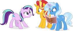 Size: 7586x3271 | Tagged: safe, artist:inaactive, artist:pumpkinpieforlife, imported from derpibooru, starlight glimmer, sunset shimmer, trixie, pony, unicorn, absurd resolution, book, magic, magical trio, palette swap, recolor, simple background, transparent background, trio