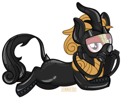 Size: 1280x1037 | Tagged: safe, artist:jennieoo, imported from derpibooru, oc, oc only, oc:kagutsuchi, oc:karakan, kirin, cute, gas mask, latex, latex suit, lying down, male, mask, prone, sexy, show accurate, simple background, solo, stallion, transparent background