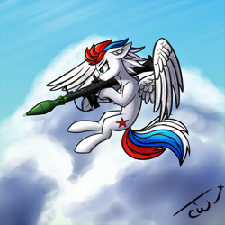 Size: 3000x3000 | Tagged: safe, artist:colourwave, imported from derpibooru, oc, oc only, oc:marussia, pegasus, pony, aiming, angry, cloud, female, flying, frog (hoof), mare, nation ponies, pegasus oc, ponified, rpg-7, russia, solo, spread wings, underhoof, weapon, whoosh, wings