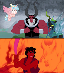 Size: 2912x3328 | Tagged: safe, edit, edited screencap, imported from derpibooru, screencap, cozy glow, lord tirek, queen chrysalis, alicorn, centaur, changeling, changeling queen, human, pony, the ending of the end, aladdin, alicornified, bow, comparison, cozycorn, crossover, disney, female, male, race swap, tail bow, ultimate chrysalis