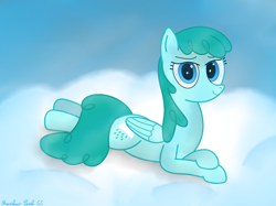 Size: 4032x3016 | Tagged: safe, artist:rainbowšpekgs, imported from derpibooru, spring melody, sprinkle medley, pegasus, pony, cloud, female, looking at you, lying, lying down, lying on a cloud, on a cloud, prone, sky, smiling, solo, wings