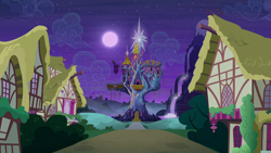 Size: 1280x720 | Tagged: safe, imported from derpibooru, screencap, to where and back again, night, no pony, ponyville, scenic ponyville, twilight's castle