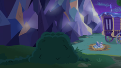 Size: 1280x720 | Tagged: safe, imported from derpibooru, screencap, to where and back again, background, night, ponyville, scenic ponyville, trixie's wagon, twilight's castle