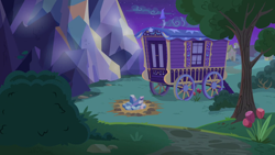 Size: 1280x720 | Tagged: safe, imported from derpibooru, screencap, to where and back again, background, no pony, ponyville, scenic ponyville, tree, trixie's wagon, twilight's castle