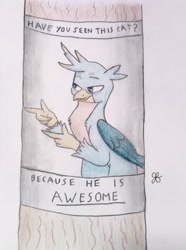 Size: 1892x2537 | Tagged: safe, artist:goldenflow, imported from derpibooru, gallus, griffon, catbird, colored pencil drawing, cute, finger gun, finger guns, gallabetes, have you seen this cat?, male, meme, ponified meme, smiling, smug, solo, telephone pole, text, traditional art