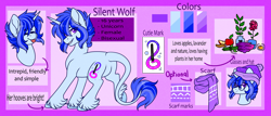 Size: 2500x1074 | Tagged: safe, artist:silentwolf-oficial, imported from derpibooru, oc, oc only, oc:silent wolf, pony, unicorn, bust, female, flower, hoof fluff, horn, leonine tail, mare, reference sheet, unicorn oc