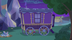 Size: 1280x720 | Tagged: safe, imported from derpibooru, screencap, to where and back again, background, night, no pony, ponyville, scenic ponyville, trixie's wagon, twilight's castle