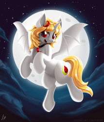 Size: 1714x2000 | Tagged: safe, artist:pyropk, imported from derpibooru, oc, oc only, oc:lucia nightblood, alicorn, bat pony, bat pony alicorn, pony, accessories, accessory, alicorn oc, bat pony oc, bat wings, cute, daaaaaaaaaaaw, fangs, female, horn, mare, moon, night, open mouth, pony oc, sky, solo, solo female, stars, wings