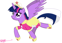 Size: 786x558 | Tagged: safe, artist:maverickmam, imported from derpibooru, twilight sparkle, alicorn, pony, princess twilight sparkle (episode), big crown thingy, clothes, dress, element of magic, female, hoof shoes, jewelry, mare, regalia, signature, simple background, solo, twilight sparkle (alicorn), white background