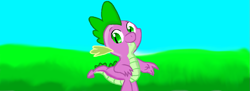 Size: 1051x384 | Tagged: safe, artist:maverickmam, imported from derpibooru, spike, dragon, grass, male, outdoors, smiling, solo