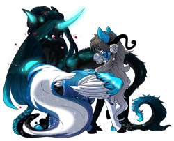 Size: 2726x2200 | Tagged: safe, artist:silentwolf-oficial, imported from derpibooru, oc, oc only, pegasus, pony, unicorn, :p, duo, ethereal mane, flower, flower in hair, glowing horn, glowing wings, horn, looking at each other, pegasus oc, rose, simple background, starry mane, tongue out, transparent background, unicorn oc, wings