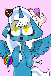 Size: 1200x1770 | Tagged: safe, artist:waffleplayer248, imported from derpibooru, oc, oc only, oc:fleurbelle, alicorn, pony, alicorn oc, bow, cake, candy, female, food, hair bow, horn, ice cream, lollipop, mare, owo, pink background, simple background, solo, starry eyes, wingding eyes, wings