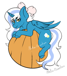 Size: 950x1090 | Tagged: safe, artist:nuka-quantum, imported from derpibooru, oc, oc only, oc:fleurbelle, alicorn, pony, alicorn oc, bow, female, hair bow, horn, looking at you, mare, pumpkin, simple background, smiling, solo, transparent background, wings, yellow eyes