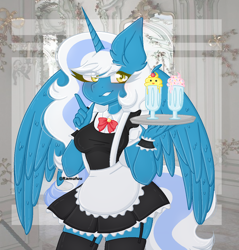 Size: 1214x1270 | Tagged: safe, artist:ramufuu, imported from derpibooru, oc, oc only, oc:fleurbelle, alicorn, anthro, alicorn oc, apron, bell, bell collar, blushing, bow, cherry, clothes, collar, cuffs (clothes), ear fluff, female, food, frilly, horn, maid, maid headdress, mare, milkshake, serving, serving tray, socks, solo, sprinkles, suspenders, thigh highs, wings, yellow eyes