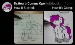 Size: 720x435 | Tagged: safe, artist:drheartdoodles, imported from derpibooru, oc, oc only, oc:dr.heart, clydesdale, pegasus, before and after, blank flank, boop, happy birthday mlp:fim, how it started, how it's going, mlp fim's tenth anniversary, pen, pencil, smiling, tongue out, traditional art