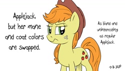 Size: 1200x675 | Tagged: safe, artist:pony-berserker, imported from derpibooru, applejack, earth pony, pony, applejack is not amused, female, freckles, green eyes, mare, palette swap, pony-berserker's twitter sketches, recolor, solo, text, unamused