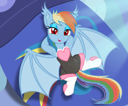 Size: 2680x2226 | Tagged: safe, artist:badumsquish, derpibooru exclusive, imported from derpibooru, rainbow dash, bat pony, pony, arm behind head, armpits, bat ponified, bed, bedroom eyes, belly button, cloud, cute, ear fluff, eyeshadow, fangs, female, fluffy mane, heart, high angle, implied transformation, latex, looking at you, lying down, makeup, moonlight, on back, on bed, race swap, rainbow dash always dresses in style, rainbow dash's house, rainbowbat, red eyes, rouge the bat, slit pupils, smiling, solo, sonic the hedgehog (series), species swap, spread legs, spreading, stupid sexy rainbow dash