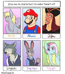 Size: 960x1098 | Tagged: safe, artist:corwolf, imported from derpibooru, derpy hooves, kerfuffle, anthro, human, pegasus, pony, rabbit, wolf, six fanarts, aladdin, animal, beastars, bust, clothes, crossover, female, hat, jafar, judy hopps, legosi (beastars), male, mare, mario, necktie, paw pads, paws, police uniform, super mario bros., underpaw, zootopia