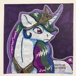 Size: 1080x1075 | Tagged: safe, artist:stargazerseven, imported from derpibooru, princess celestia, alicorn, pony, bust, curved horn, female, horn, jewelry, mare, peytral, solo, tiara, traditional art