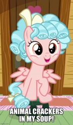 Size: 500x864 | Tagged: safe, edit, edited screencap, imported from derpibooru, screencap, cozy glow, pegasus, pony, marks for effort, animal crackers in my soup, caption, cozybetes, cropped, cute, female, filly, foal, freckles, image macro, looking at you, shirley temple, solo, song reference, stool, text